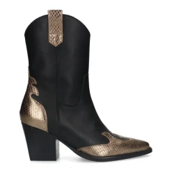 Manfield Zwarte leren cowboy laarzen met goudkleurige details^DAMES Enkellaarsjes