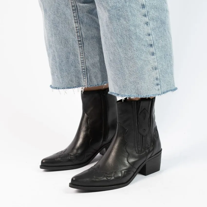 Manfield Zwarte leren cowboy laarzen^DAMES Enkellaarsjes