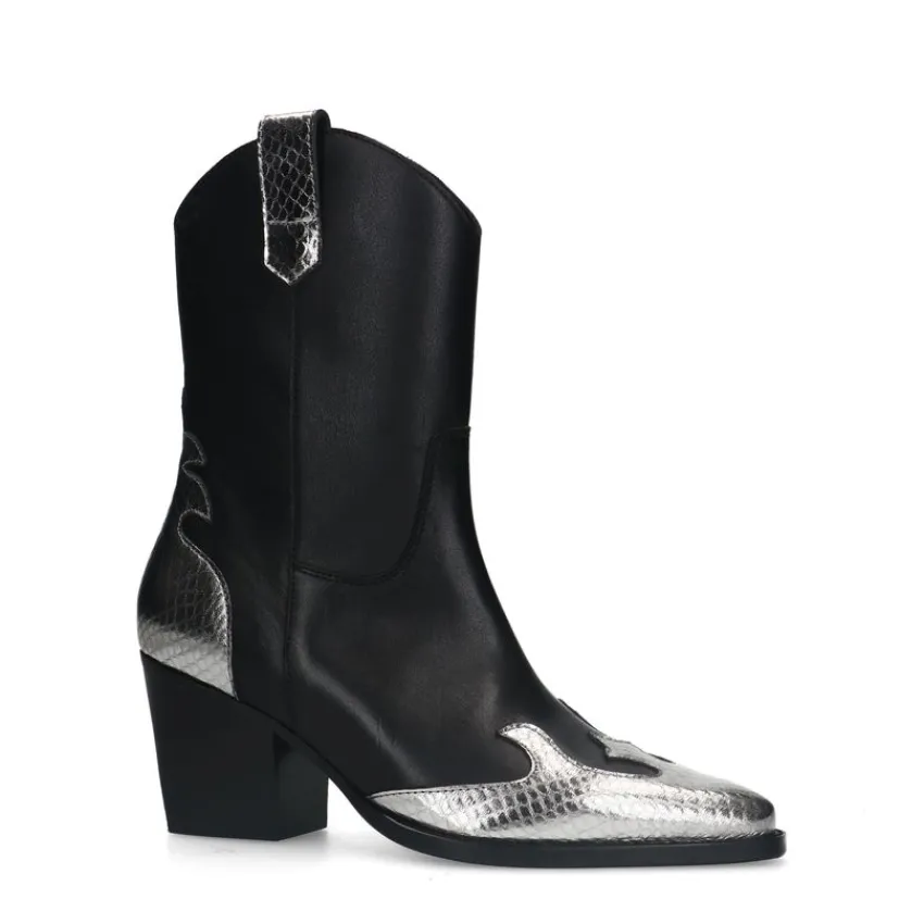 Manfield Zwarte leren cowboylaarzen met zilverkleurige details^DAMES Enkellaarsjes