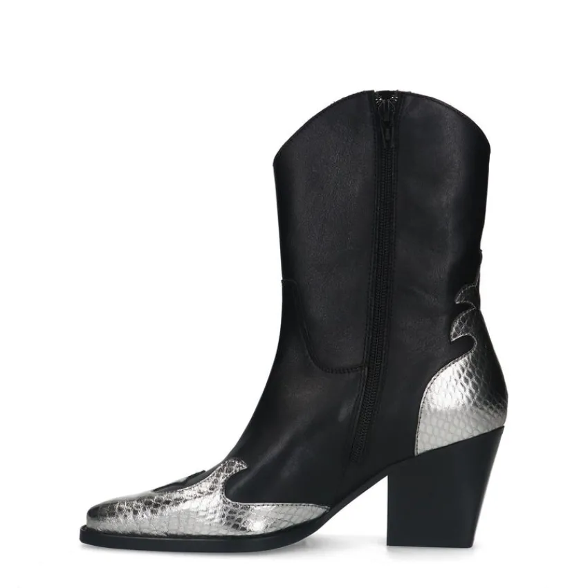 Manfield Zwarte leren cowboylaarzen met zilverkleurige details^DAMES Enkellaarsjes