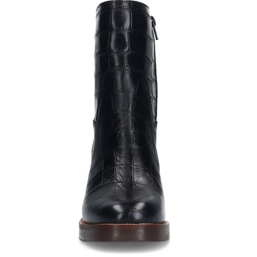 Manfield Zwarte leren croco enkellaarsjes^DAMES Enkellaarsjes