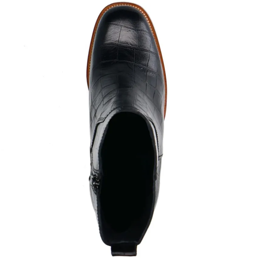 Manfield Zwarte leren croco enkellaarsjes^DAMES Enkellaarsjes