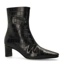 Manfield Zwarte leren croco enkellaarsjes met hak^DAMES Enkellaarsjes