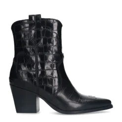 Manfield Zwarte leren croco enkellaarsjes met hak^DAMES Enkellaarsjes