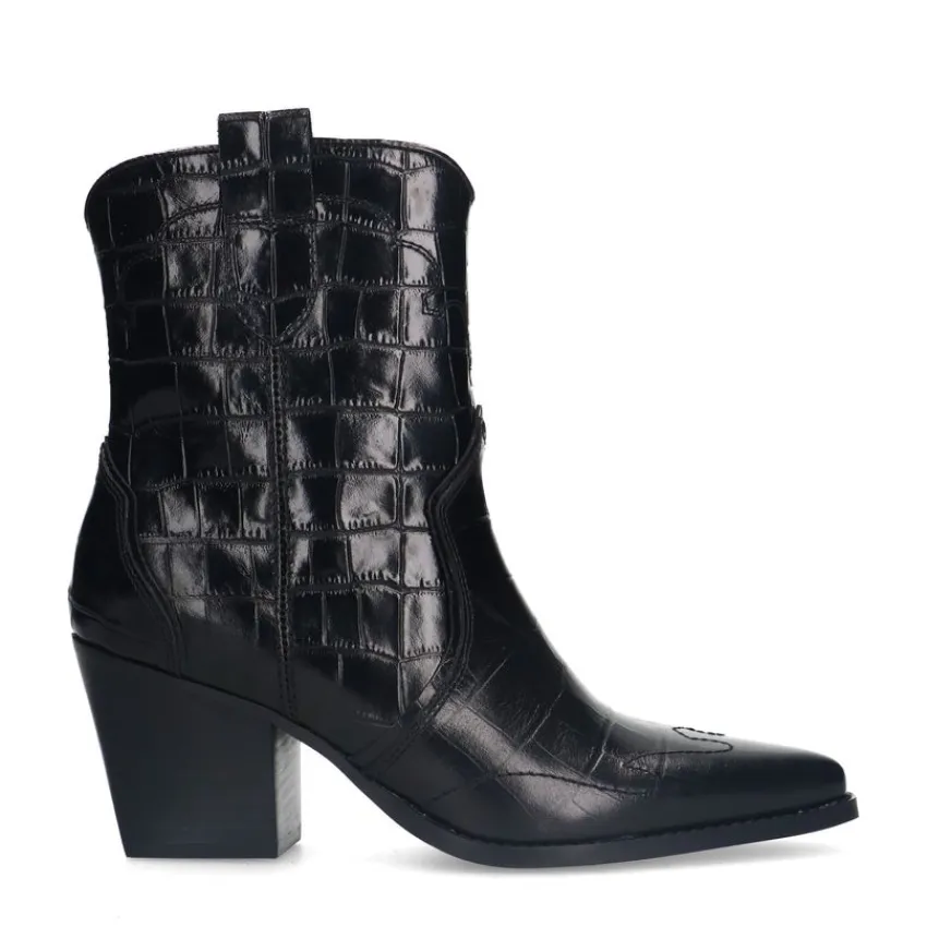 Manfield Zwarte leren croco enkellaarsjes met hak^DAMES Enkellaarsjes