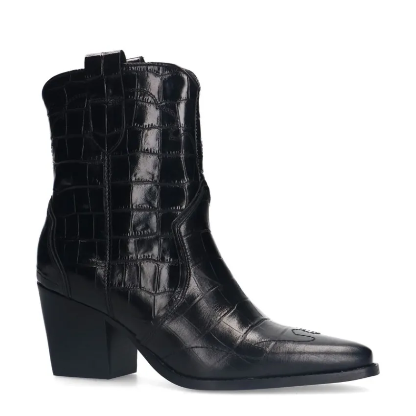 Manfield Zwarte leren croco enkellaarsjes met hak^DAMES Enkellaarsjes