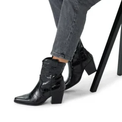 Manfield Zwarte leren croco enkellaarsjes met hak^DAMES Enkellaarsjes