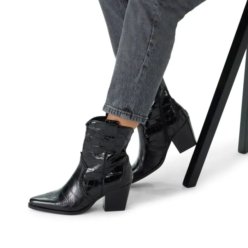 Manfield Zwarte leren croco enkellaarsjes met hak^DAMES Enkellaarsjes