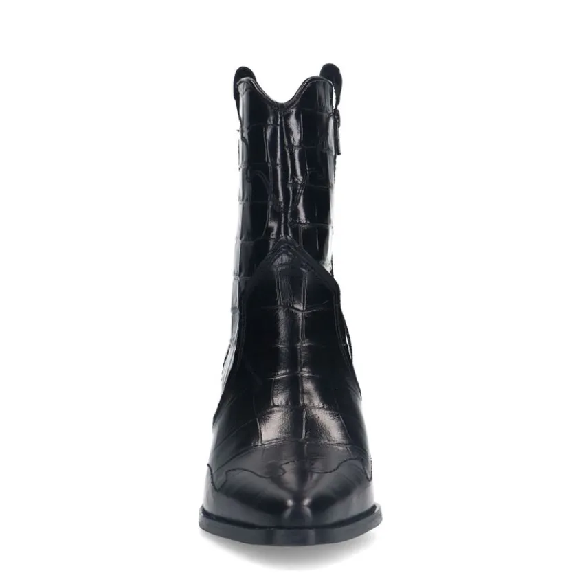 Manfield Zwarte leren croco enkellaarsjes met hak^DAMES Enkellaarsjes