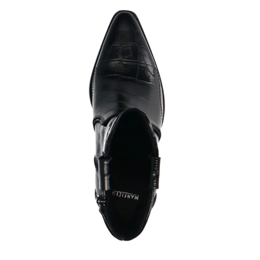 Manfield Zwarte leren croco enkellaarsjes met hak^DAMES Enkellaarsjes