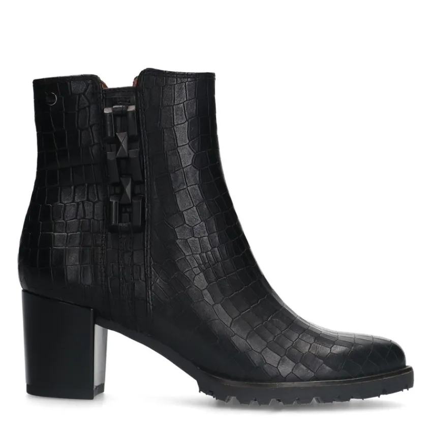 No Stress Zwarte leren croco enkellaarsjes met hak met chain^DAMES Enkellaarsjes