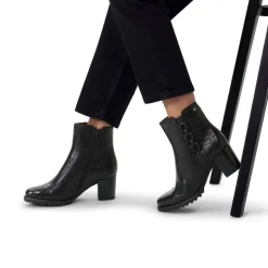 No Stress Zwarte leren croco enkellaarsjes met hak met chain^DAMES Enkellaarsjes