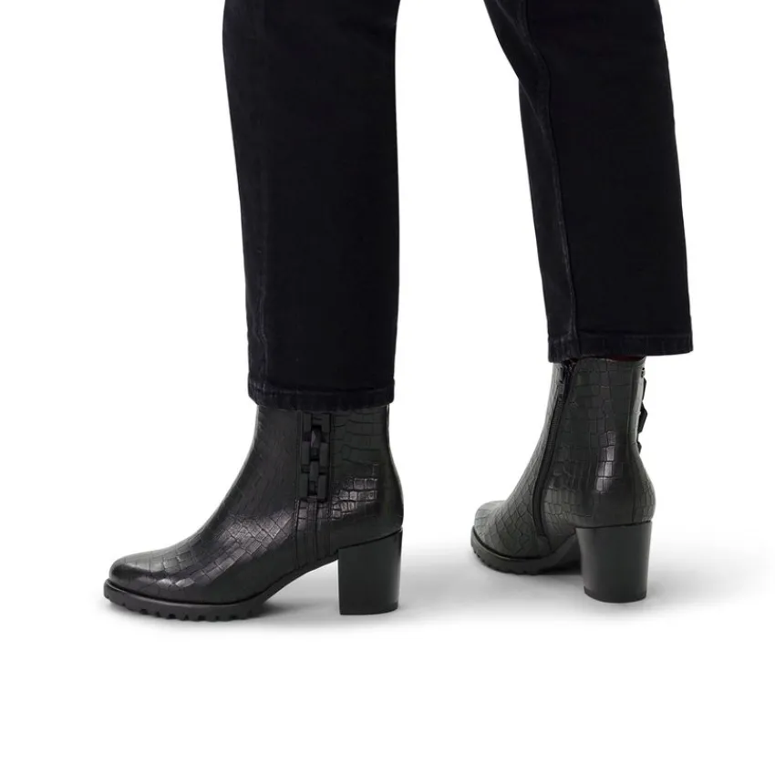 No Stress Zwarte leren croco enkellaarsjes met hak met chain^DAMES Enkellaarsjes