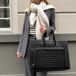 Manfield Zwarte leren croco shopper^ Shoppers