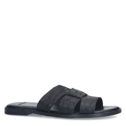 Manfield Zwarte leren croco slippers^DAMES Slippers