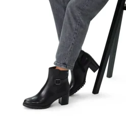 No Stress Zwarte leren enkellaarsjes met hak en zilverkleurige gesp^DAMES Enkellaarsjes