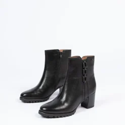 No Stress Zwarte leren enkellaarsjes met blokhak^DAMES Enkellaarsjes