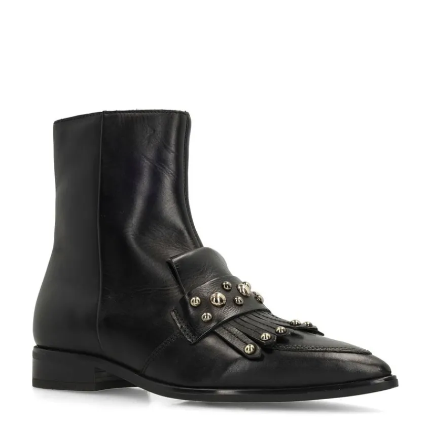 Manfield Zwarte leren enkellaarsjes met studs^DAMES Enkellaarsjes