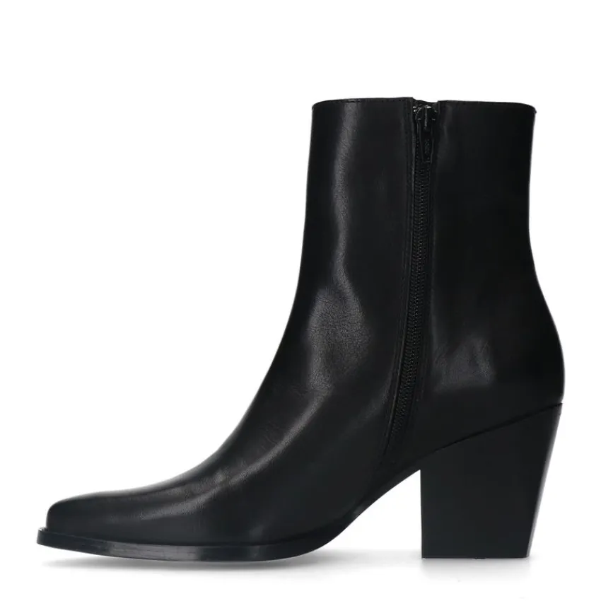 Manfield Zwarte leren enkellaarsjes met hak^DAMES Enkellaarsjes