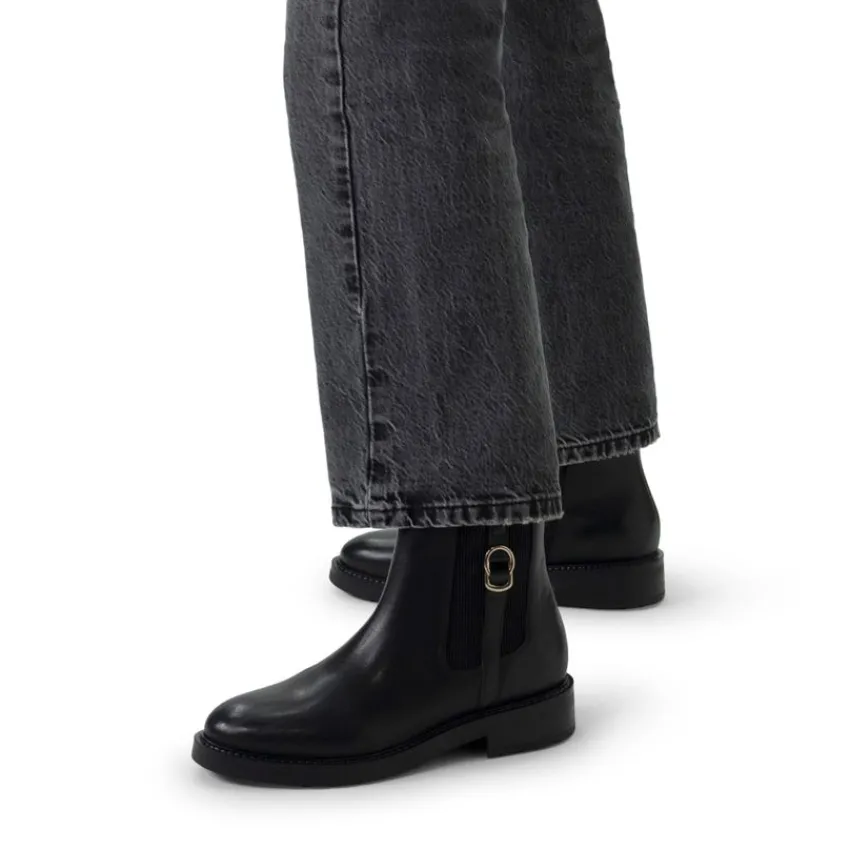 Manfield Zwarte leren enkellaarsjes^DAMES Enkellaarsjes