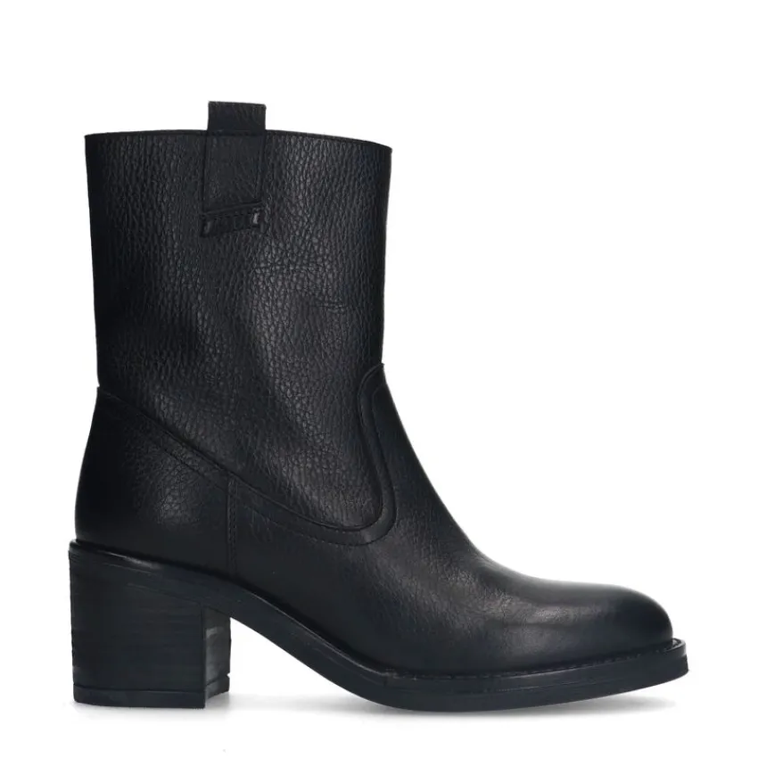 Manfield Zwarte leren enkellaarsjes met hak^DAMES Enkellaarsjes