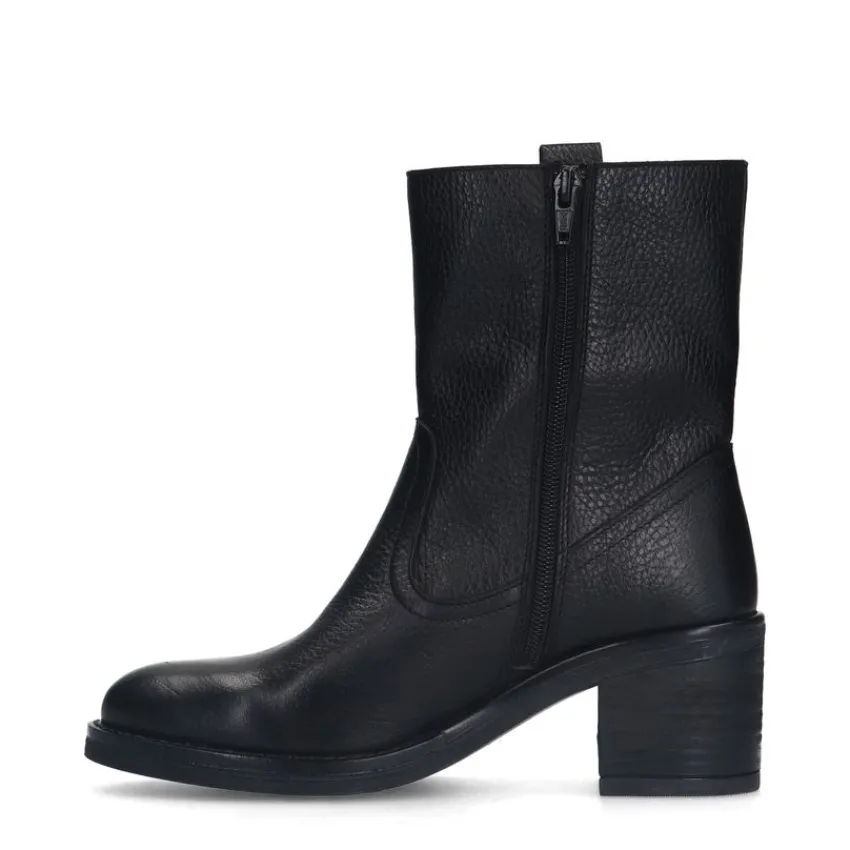 Manfield Zwarte leren enkellaarsjes met hak^DAMES Enkellaarsjes