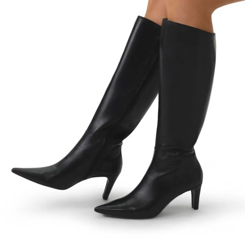 Manfield Zwarte leren hoge laarzen met hak^DAMES Laarzen