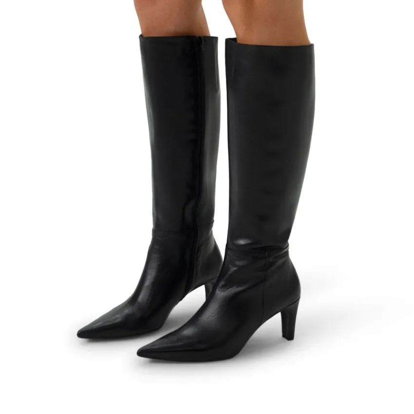 Manfield Zwarte leren hoge laarzen met hak^DAMES Laarzen