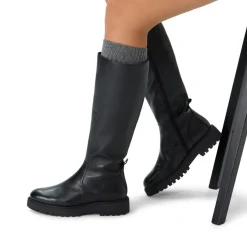 Manfield Zwarte leren hoge laarzen met platte zool^DAMES Laarzen