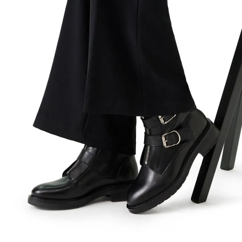 Manfield Zwarte leren laarsjes met gesp^DAMES Enkellaarsjes