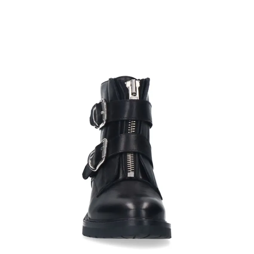 Manfield Zwarte leren laarsjes met gesp^DAMES Enkellaarsjes