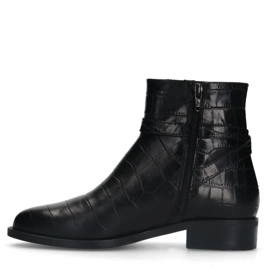 No Stress Zwarte leren laarsjes met crocoprint^DAMES Enkellaarsjes
