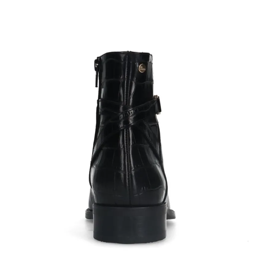 No Stress Zwarte leren laarsjes met crocoprint^DAMES Enkellaarsjes