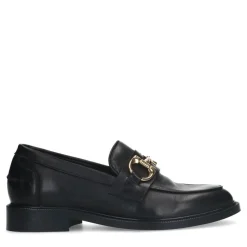Manfield Zwarte leren loafers met goudkleurige chain^DAMES Loafers