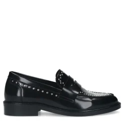 Manfield Zwarte leren loafers met zilverkleurige studs^DAMES Loafers