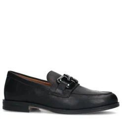 Manfield Zwarte leren loafers met vierkanten chain^DAMES Loafers