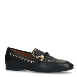 Manfield Zwarte leren loafers met goudkleurige studs^DAMES Loafers