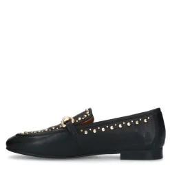 Manfield Zwarte leren loafers met goudkleurige studs^DAMES Loafers