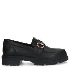 Manfield Zwarte leren loafers met goudkleurig detail^DAMES Loafers