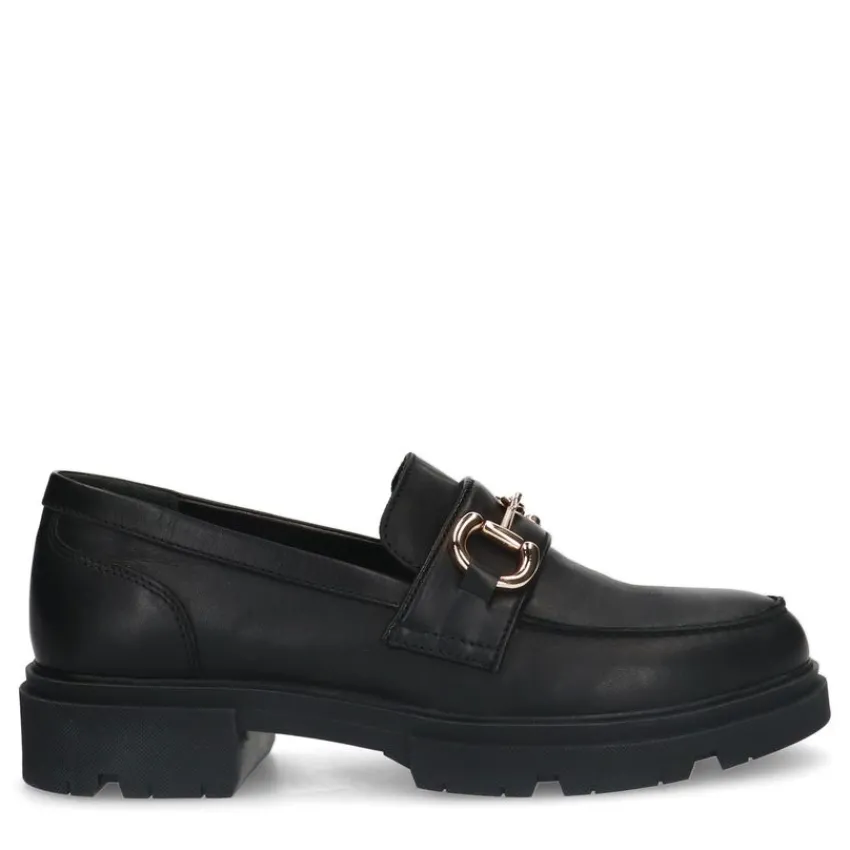 Manfield Zwarte leren loafers met goudkleurig detail^DAMES Loafers