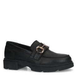 Manfield Zwarte leren loafers met goudkleurig detail^DAMES Loafers
