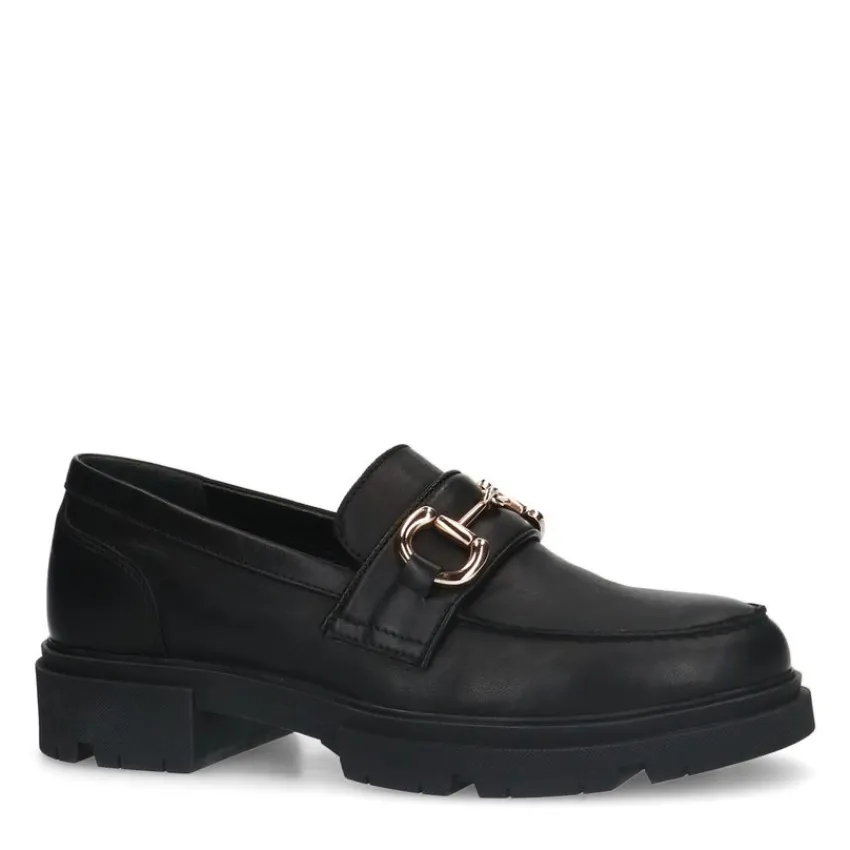 Manfield Zwarte leren loafers met goudkleurig detail^DAMES Loafers