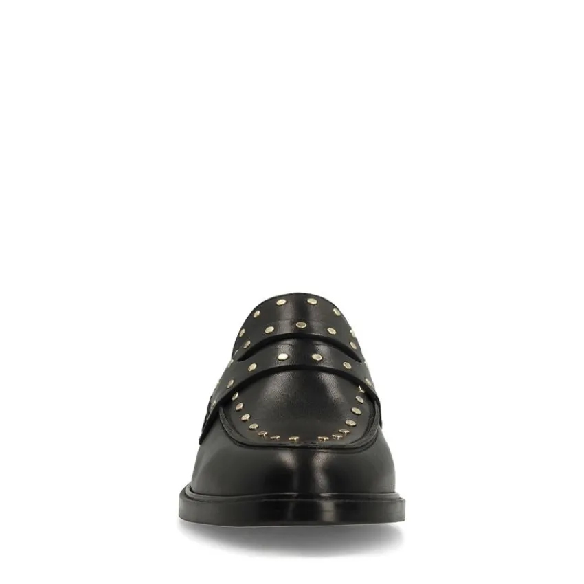 Manfield Zwarte leren loafers met goudkleurige studs^DAMES Loafers