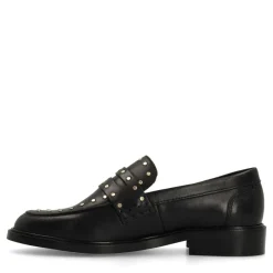 Manfield Zwarte leren loafers met goudkleurige studs^DAMES Loafers