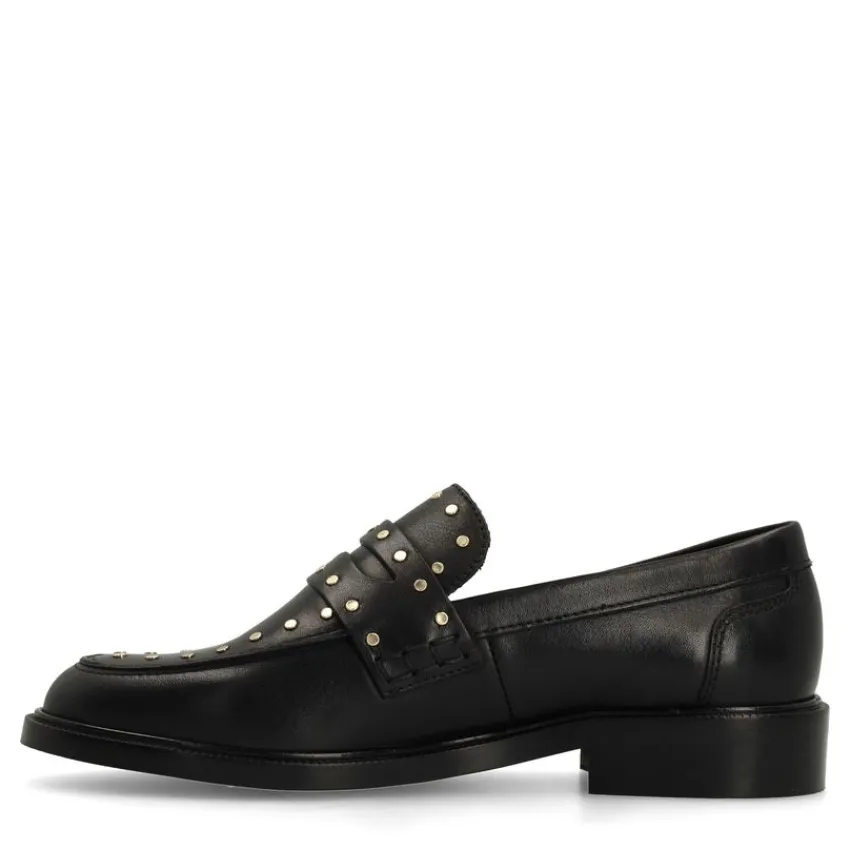 Manfield Zwarte leren loafers met goudkleurige studs^DAMES Loafers