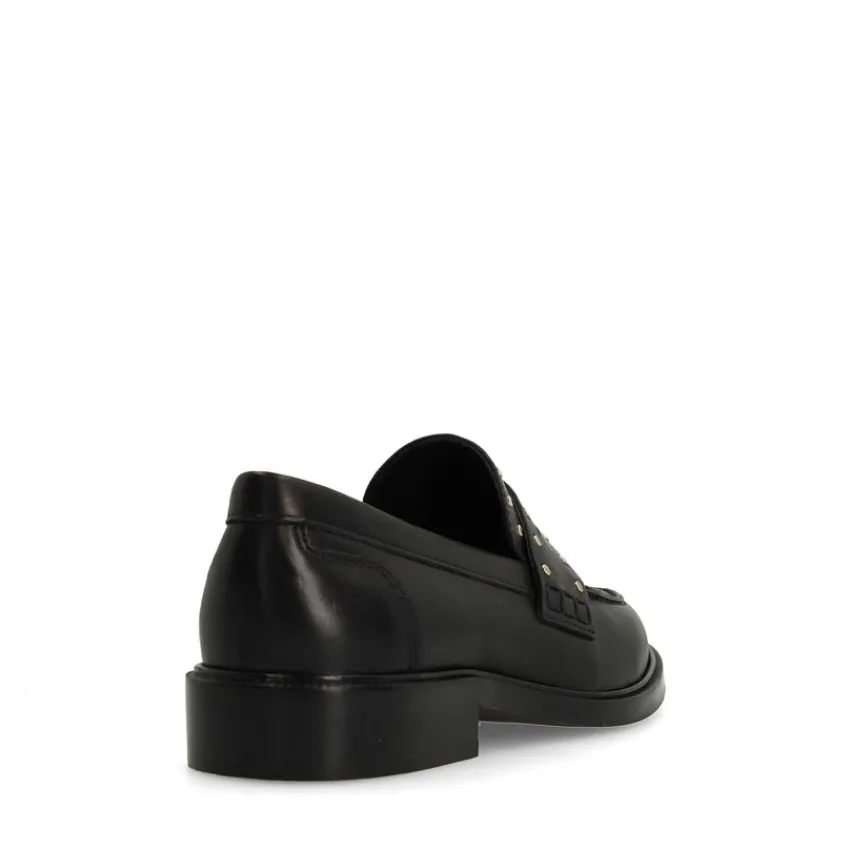 Manfield Zwarte leren loafers met goudkleurige studs^DAMES Loafers