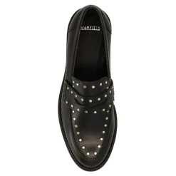 Manfield Zwarte leren loafers met goudkleurige studs^DAMES Loafers