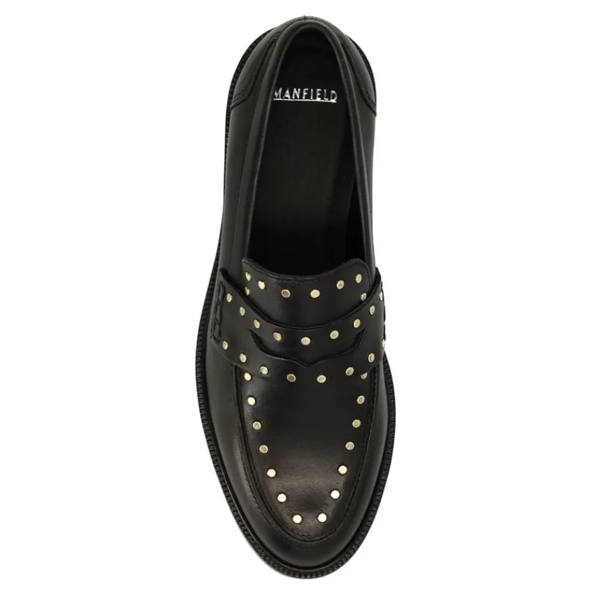 Manfield Zwarte leren loafers met goudkleurige studs^DAMES Loafers
