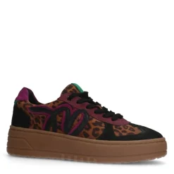 Manfield Zwarte leren panter sneakers^DAMES Sneakers