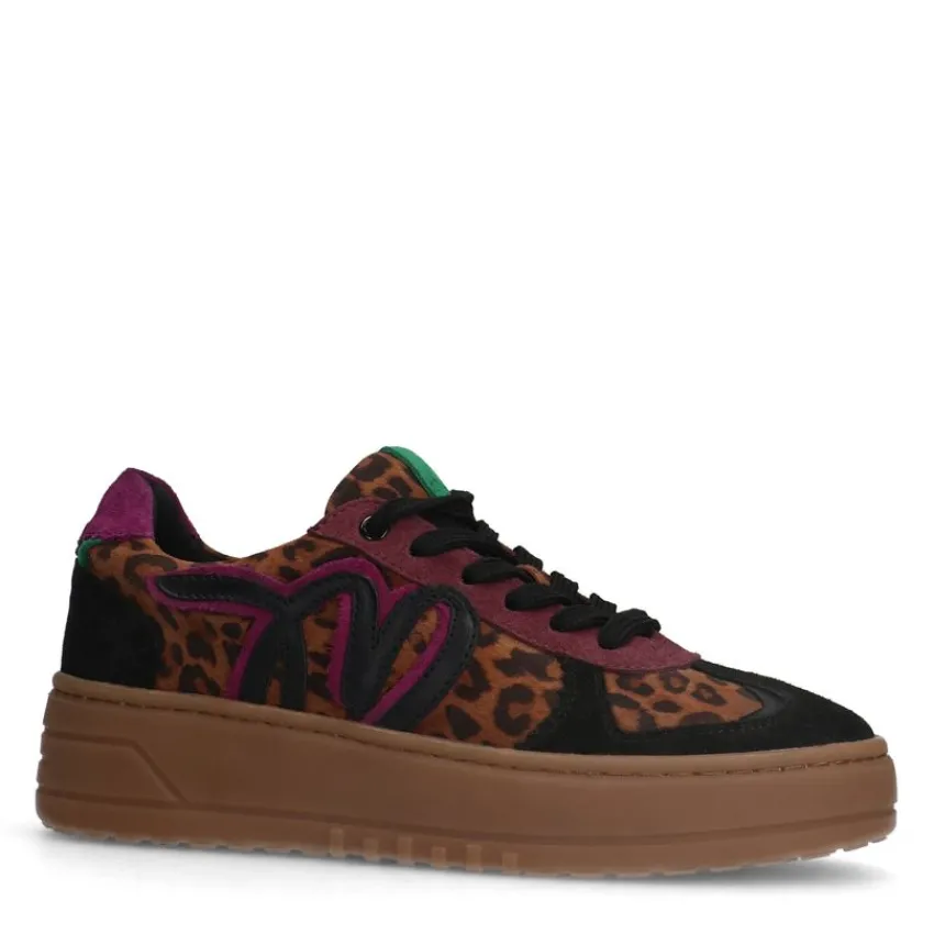 Manfield Zwarte leren panter sneakers^DAMES Sneakers